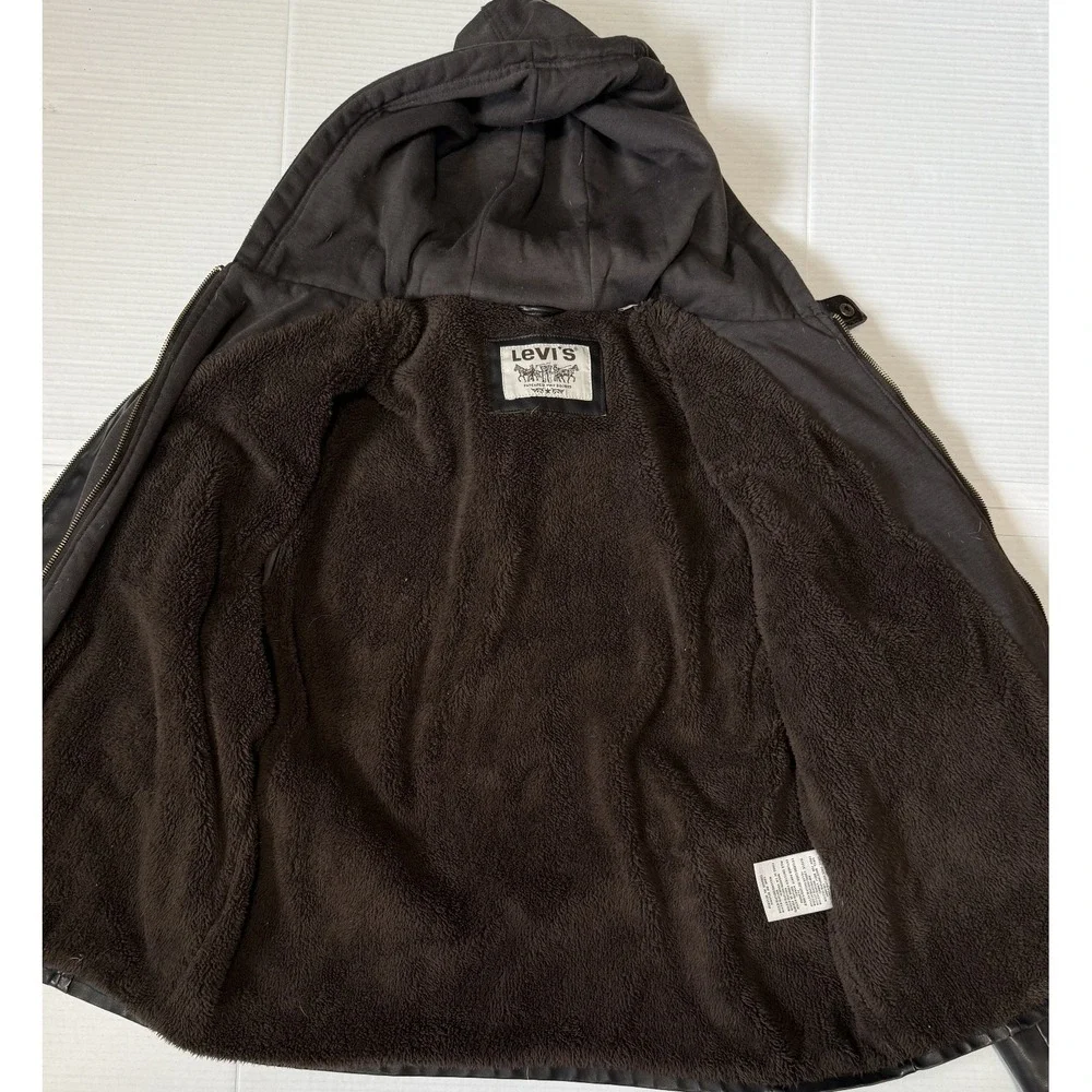 LEVI'S -‎ Mens Faux Leather Dark Brown Hooded Zip Jacket - Size Large*